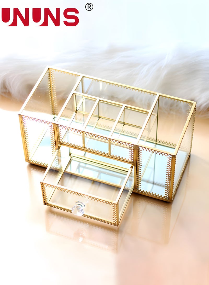 Golden Lace Makeup Organizer-Perfume Cosmetic Holder-Makeup Brush Holder-Jewelry Organizer Makeup Display Organizer,Multifunctional Cosmetic Storage For Bedroom,Dresser,Countertop