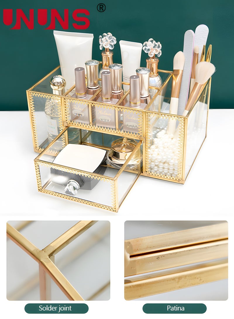 Golden Lace Makeup Organizer-Perfume Cosmetic Holder-Makeup Brush Holder-Jewelry Organizer Makeup Display Organizer,Multifunctional Cosmetic Storage For Bedroom,Dresser,Countertop
