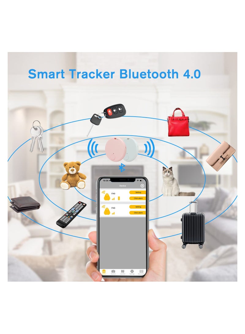 2 Pack Bluetooth Key Finder Locator, Mini Anti Lost Item Finder Tag Key Tracker Alarm For Pet, Key, Wallet, Luggage, Compatible With Ios And Android, Incl Silicone Protective Cases (White and Pink)
