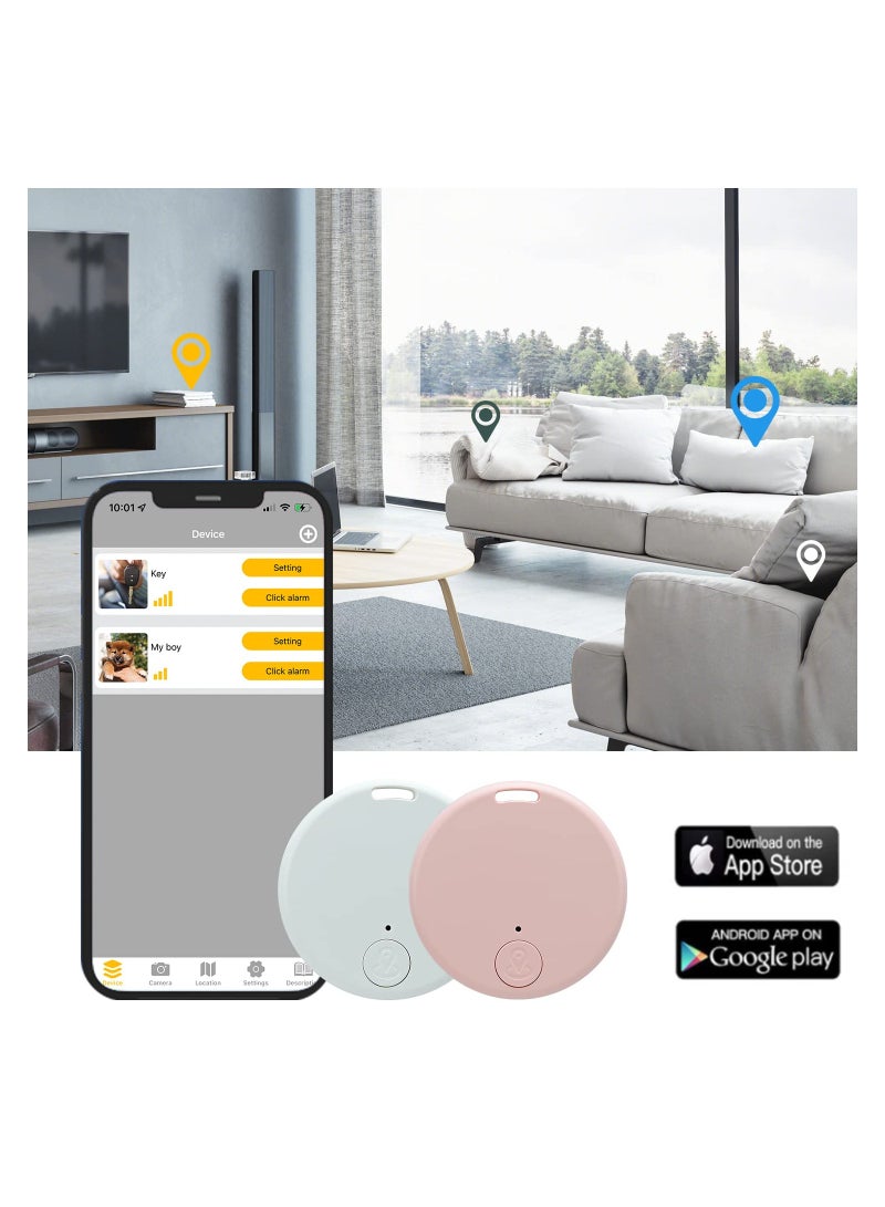 2 Pack Bluetooth Key Finder Locator, Mini Anti Lost Item Finder Tag Key Tracker Alarm For Pet, Key, Wallet, Luggage, Compatible With Ios And Android, Incl Silicone Protective Cases (White and Pink)