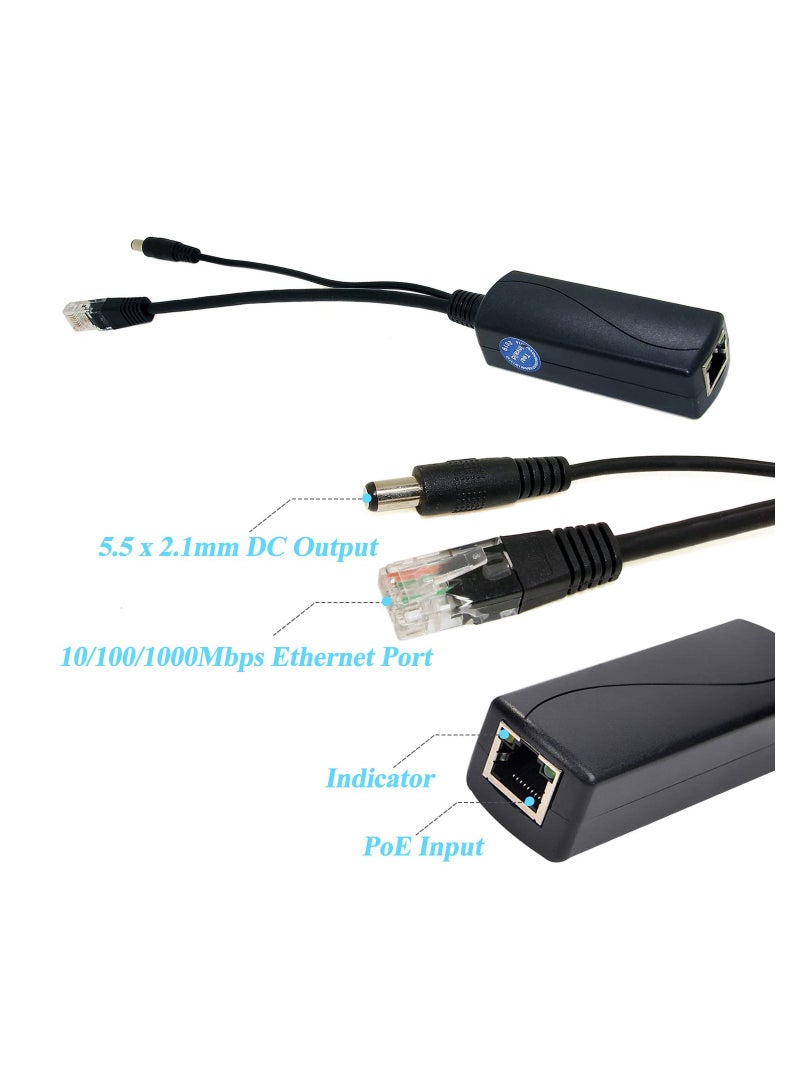 Gigabit PoE Splitter 12V 2A Output with IEEE 802.3af/at Standard Compliant 10,100,1000Mbps Power over Ethernet Splitter Adapter for Security Camera CCTV Surveillance 5.5x2.1mm DC Plug Cable (PS5712TG)