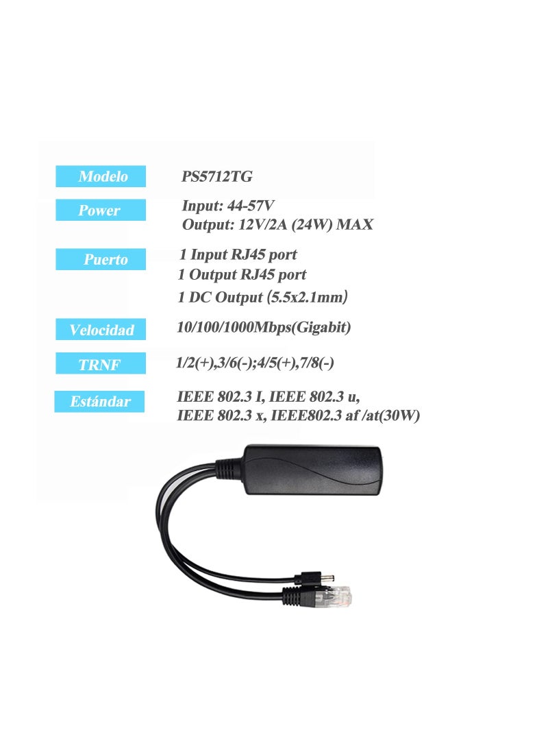 Gigabit PoE Splitter 12V 2A Output with IEEE 802.3af/at Standard Compliant 10,100,1000Mbps Power over Ethernet Splitter Adapter for Security Camera CCTV Surveillance 5.5x2.1mm DC Plug Cable (PS5712TG)