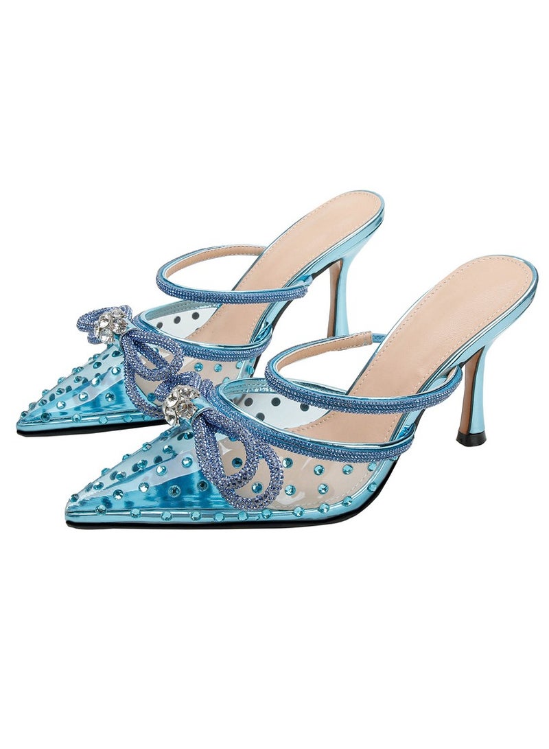 Women's Rhinestone Transparent Double Bowknot Closed Pointed Toe High Heels Stiletto Pumps Blue 8.5 CM