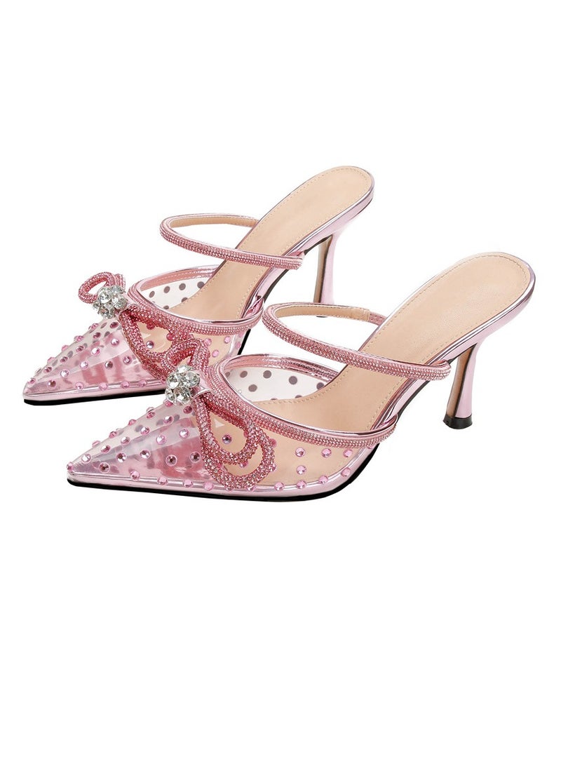 Women's Rhinestone Transparent Double Bowknot Closed Pointed Toe High Heels Stiletto Pumps Pink 8.5 CM