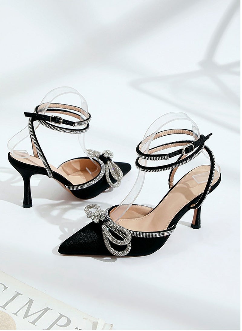 Women's Double Bowknot Closed Pointed Toe High Heels Stiletto Pumps With Ankle Strap Black 8.5 CM