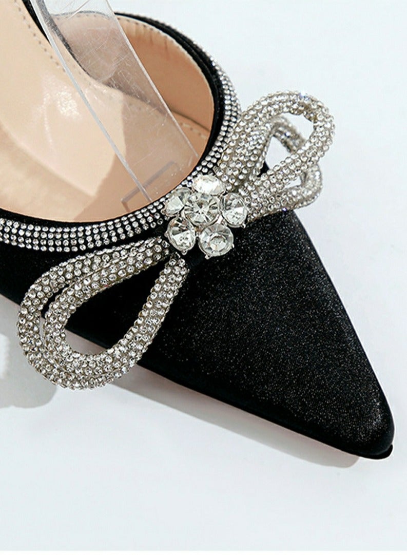 Women's Double Bowknot Closed Pointed Toe High Heels Stiletto Pumps With Ankle Strap Black 8.5 CM