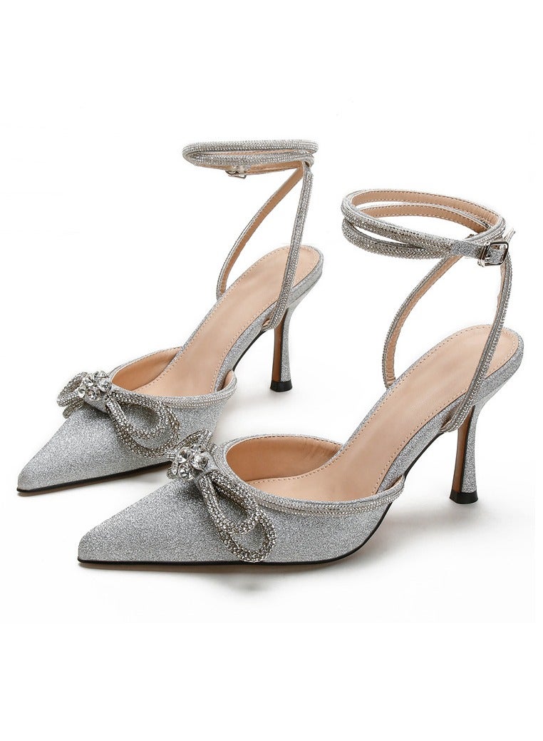 Women's Glitter Double Bowknot Closed Pointed Toe High Heels Stiletto Pumps With Ankle Strap Silver 8.5 CM