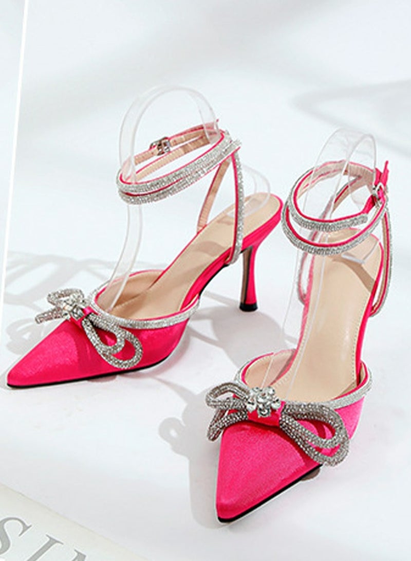 Women's Double Bowknot Closed Pointed Toe High Heels Stiletto Pumps With Ankle Strap Rose Pink 8.5 CM