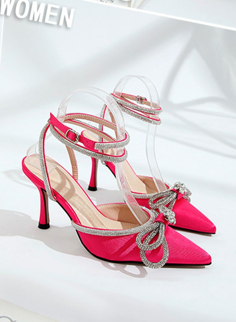 Women's Double Bowknot Closed Pointed Toe High Heels Stiletto Pumps With Ankle Strap Rose Pink 8.5 CM