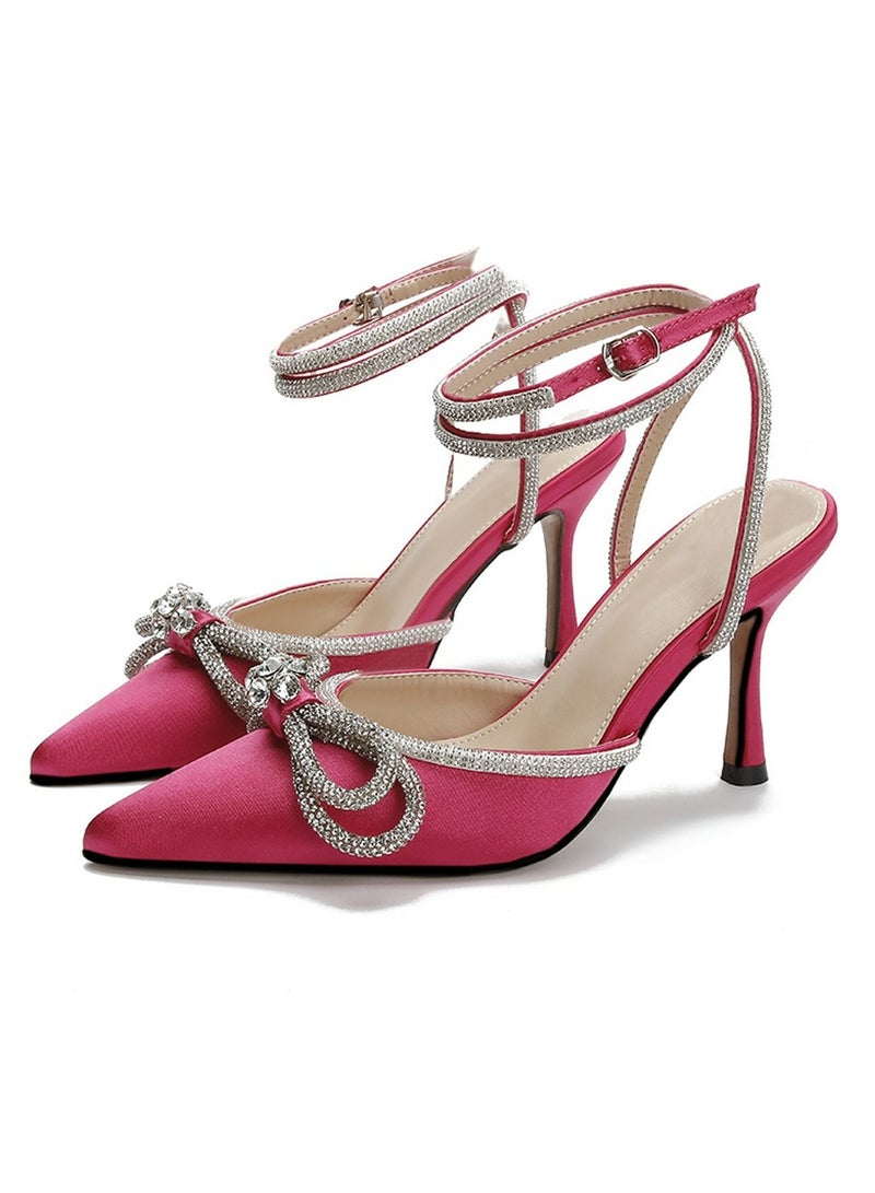 Women's Double Bowknot Closed Pointed Toe High Heels Stiletto Pumps With Ankle Strap Rose Pink 8.5 CM