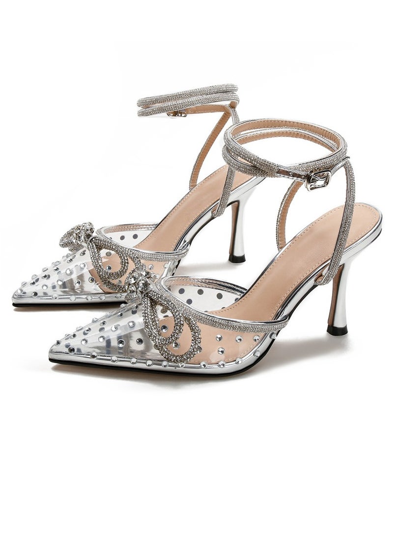 Women's Rhinestone Transparent Double Bowknot Closed Pointed Toe High Heels With Ankle Strap Stiletto Backless Pumps Silver 8.5 CM