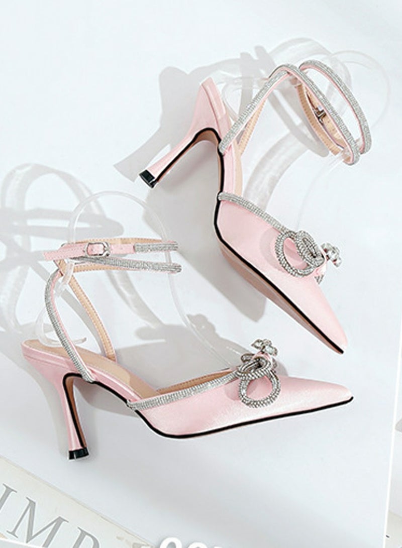 Women's Double Bowknot Closed Pointed Toe High Heels Stiletto Pumps With Ankle Strap Pink 8.5 CM