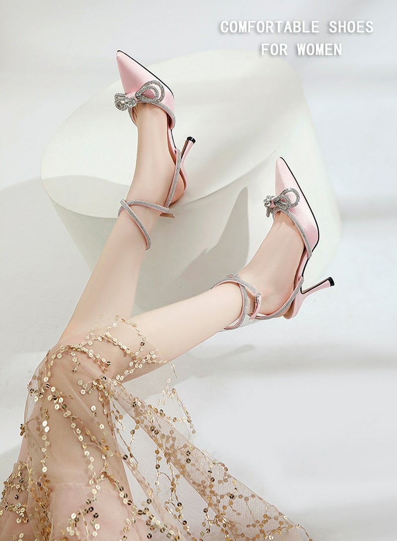 Women's Double Bowknot Closed Pointed Toe High Heels Stiletto Pumps With Ankle Strap Pink 8.5 CM