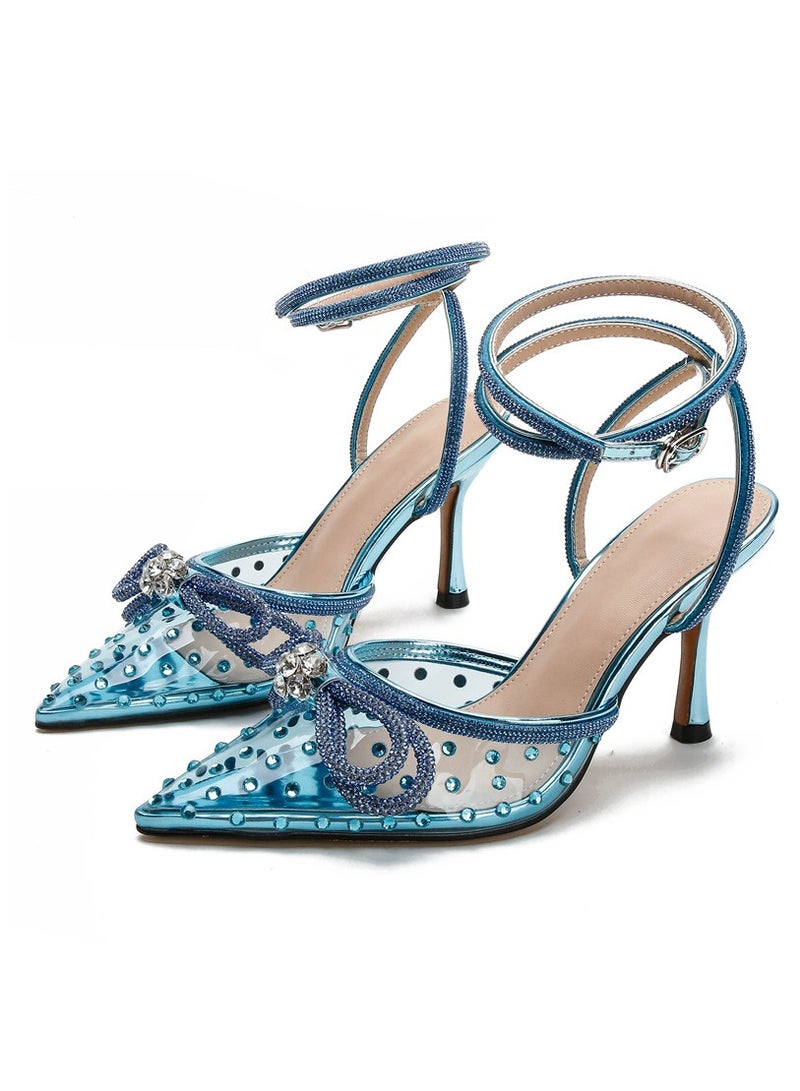 Women's Rhinestone Transparent Double Bowknot Closed Pointed Toe High Heels With Ankle Strap Stiletto Backless Pumps Blue 8.5 CM