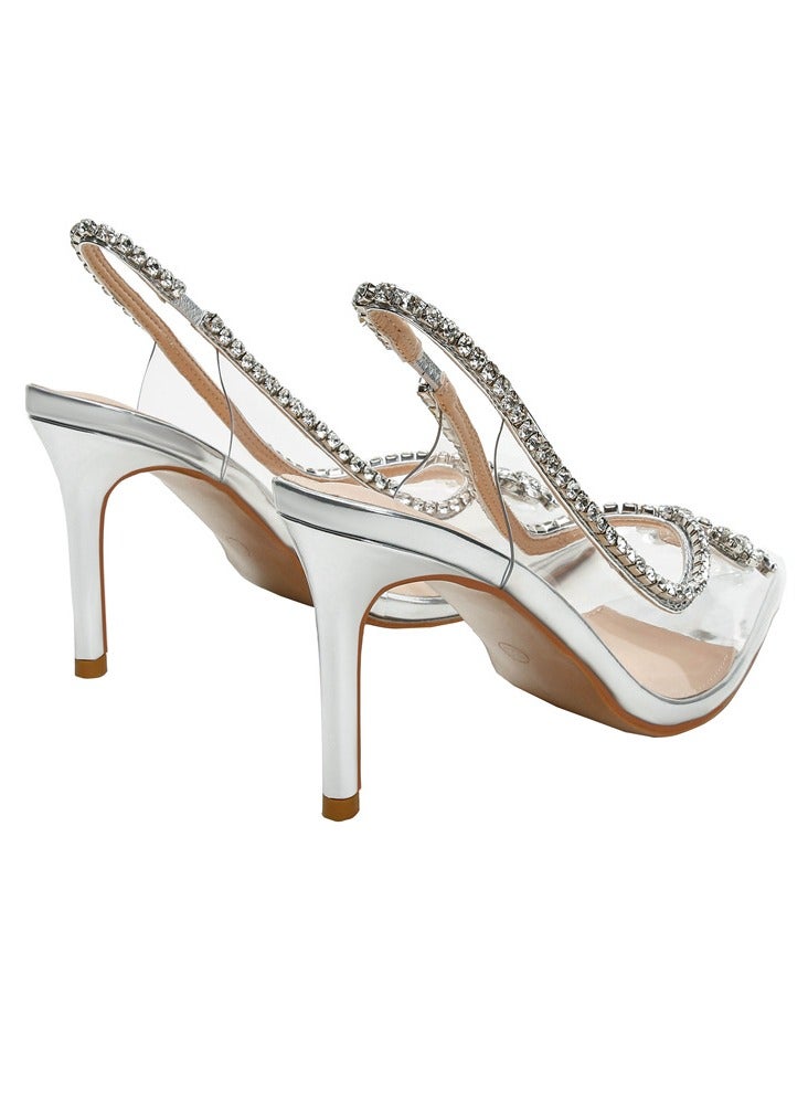 Women's Rhinestone Transparent Closed Pointed Toe High Heels With Strap Stiletto Pumps Silver 8.5 CM