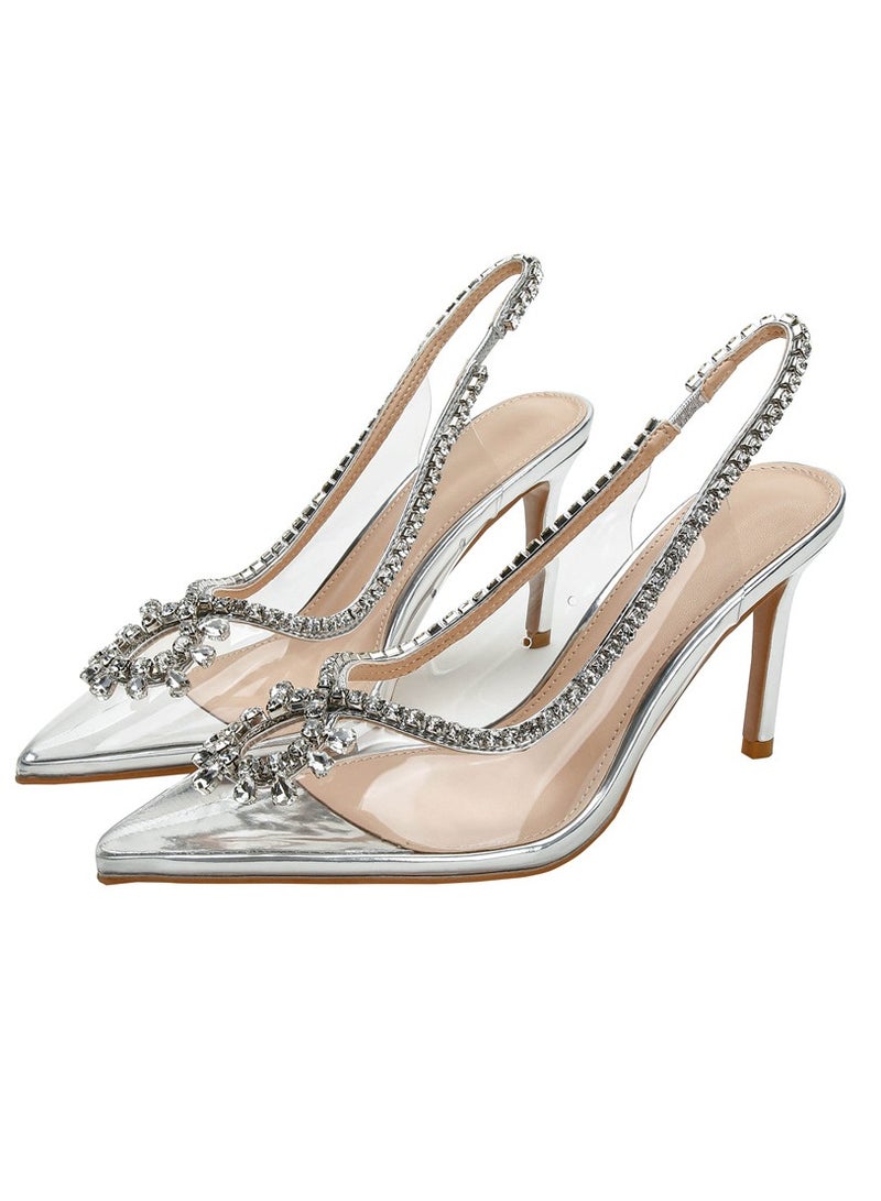 Women's Rhinestone Transparent Closed Pointed Toe High Heels With Strap Stiletto Pumps Silver 8.5 CM