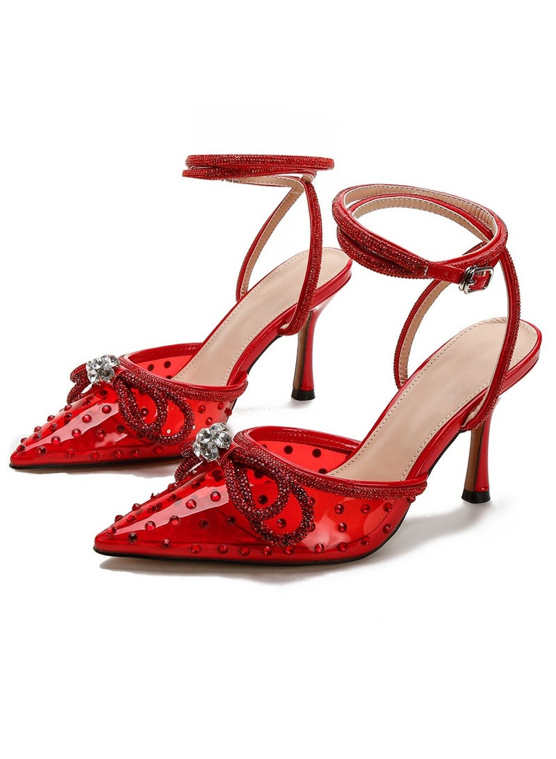 Women's Rhinestone Transparent Double Bowknot Closed Pointed Toe High Heels With Ankle Strap Stiletto Backless Pumps Red 8.5 CM