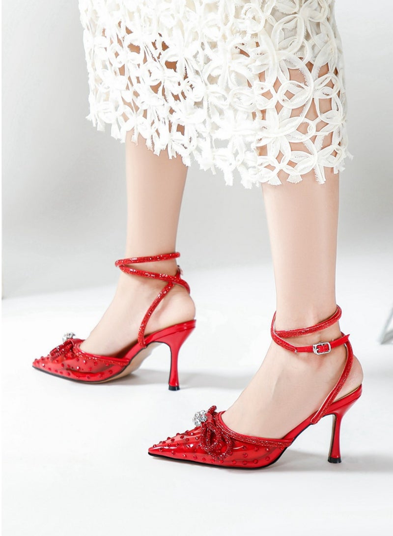 Women's Rhinestone Transparent Double Bowknot Closed Pointed Toe High Heels With Ankle Strap Stiletto Backless Pumps Red 8.5 CM