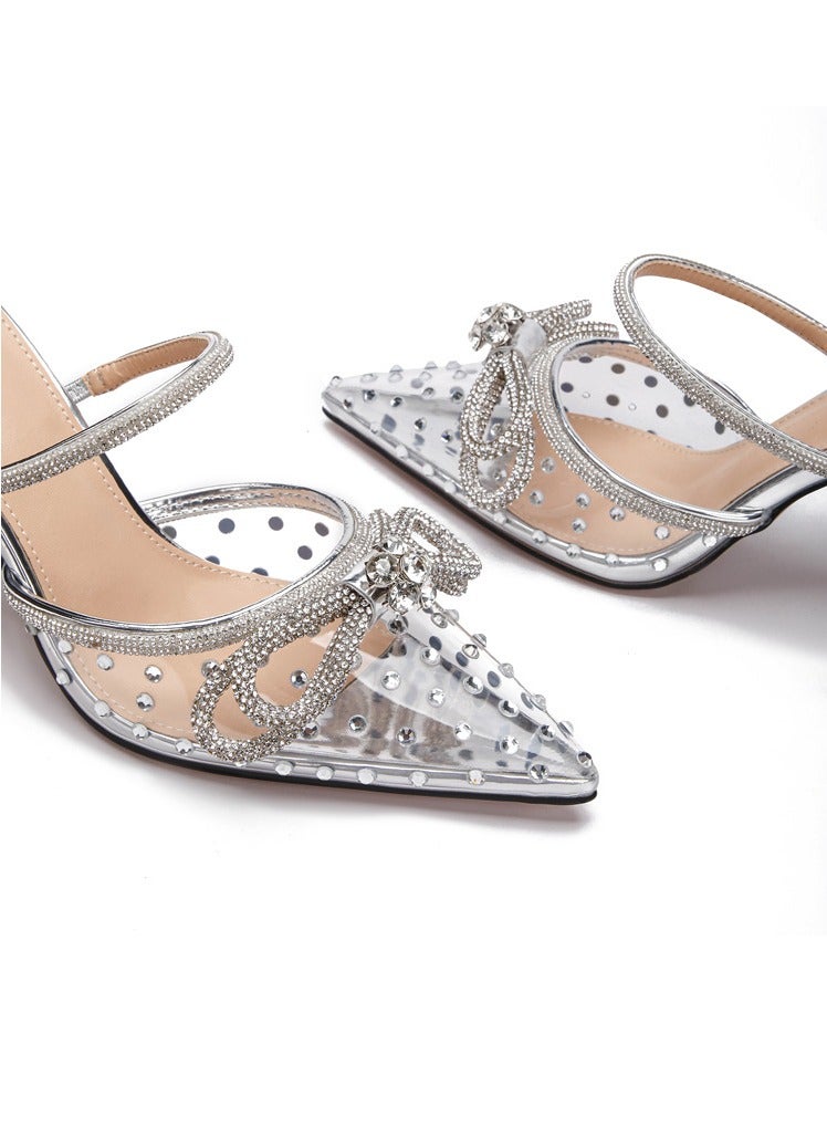 Women's Rhinestone Transparent Double Bowknot Closed Pointed Toe High Heels Stiletto Pumps Silver 8.5 CM