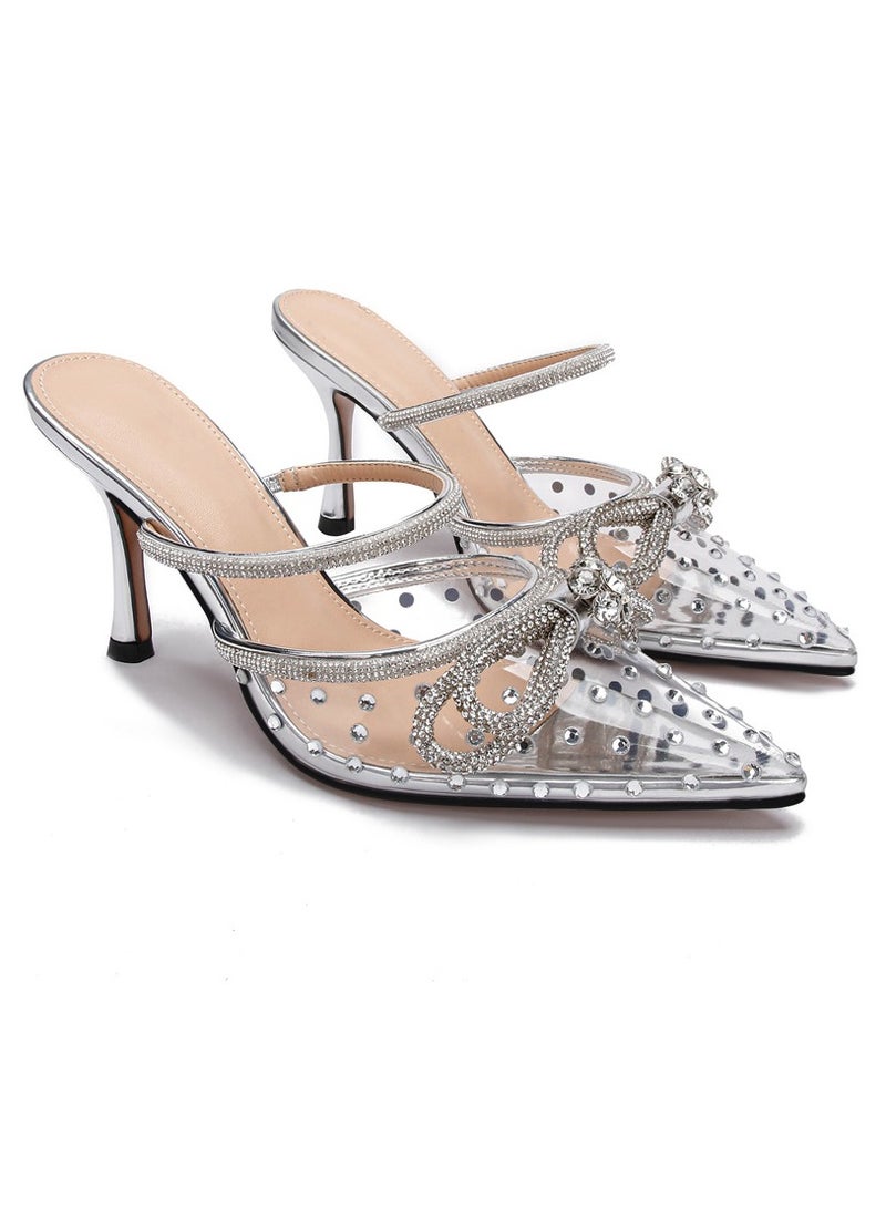 Women's Rhinestone Transparent Double Bowknot Closed Pointed Toe High Heels Stiletto Pumps Silver 8.5 CM