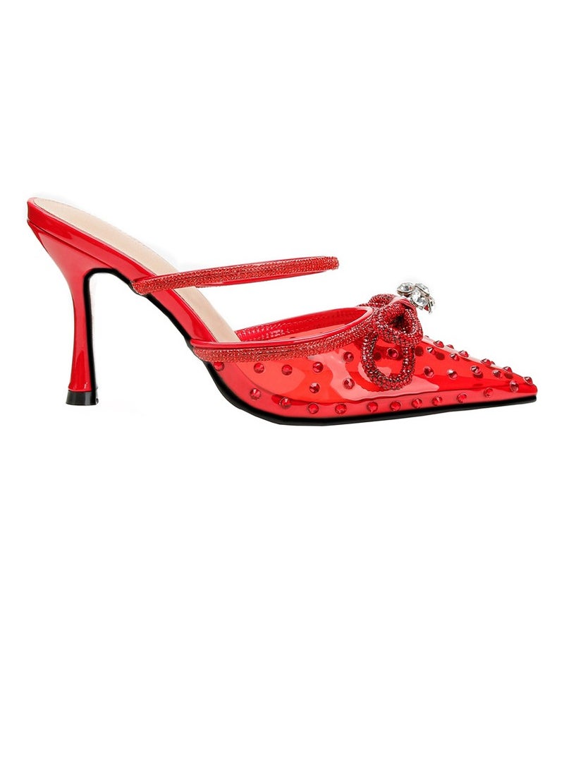 Women's Rhinestone Transparent Double Bowknot Closed Pointed Toe High Heels Stiletto Pumps Red 8.5 CM