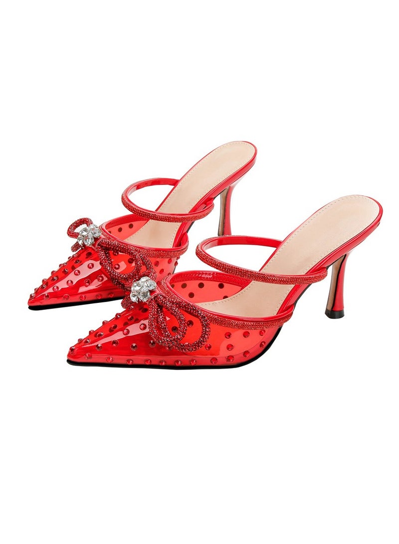 Women's Rhinestone Transparent Double Bowknot Closed Pointed Toe High Heels Stiletto Pumps Red 8.5 CM