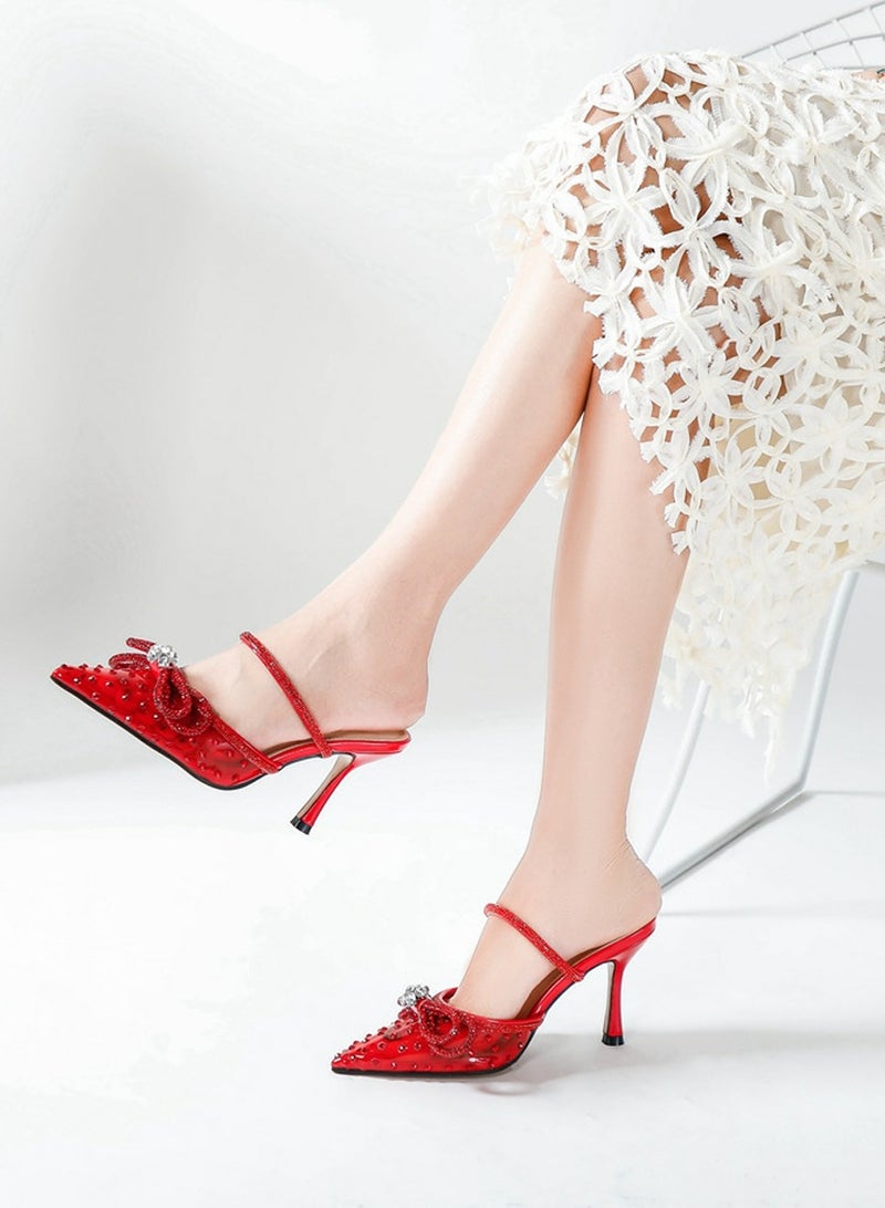 Women's Rhinestone Transparent Double Bowknot Closed Pointed Toe High Heels Stiletto Pumps Red 8.5 CM