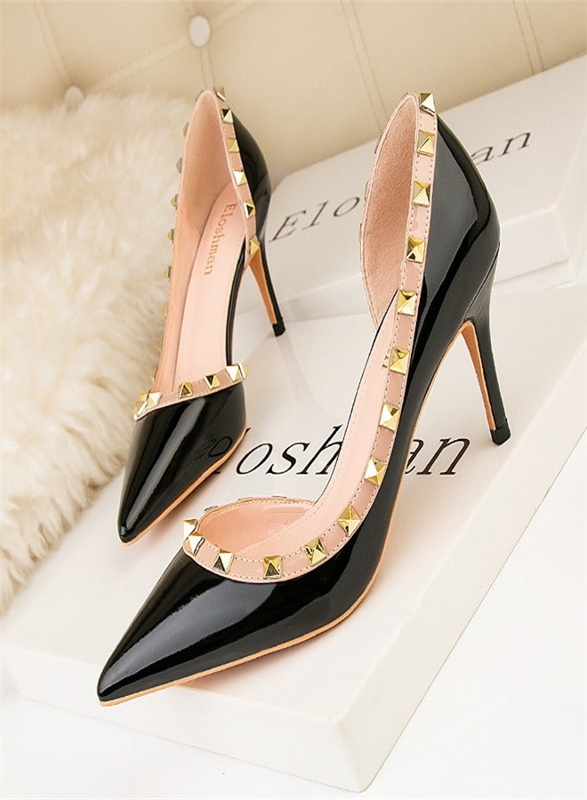 Fashionable Rivet Shallow Cut Pointed Side Hollowed Out Women's Thin Heel High Heels Black