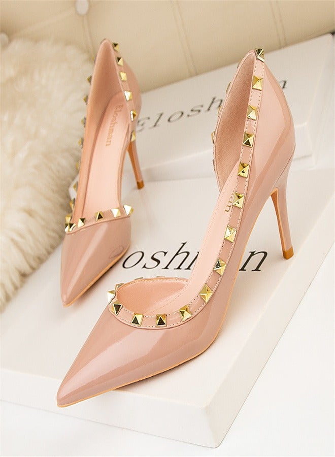 Fashionable Side Hollowed Out High Heels Beige