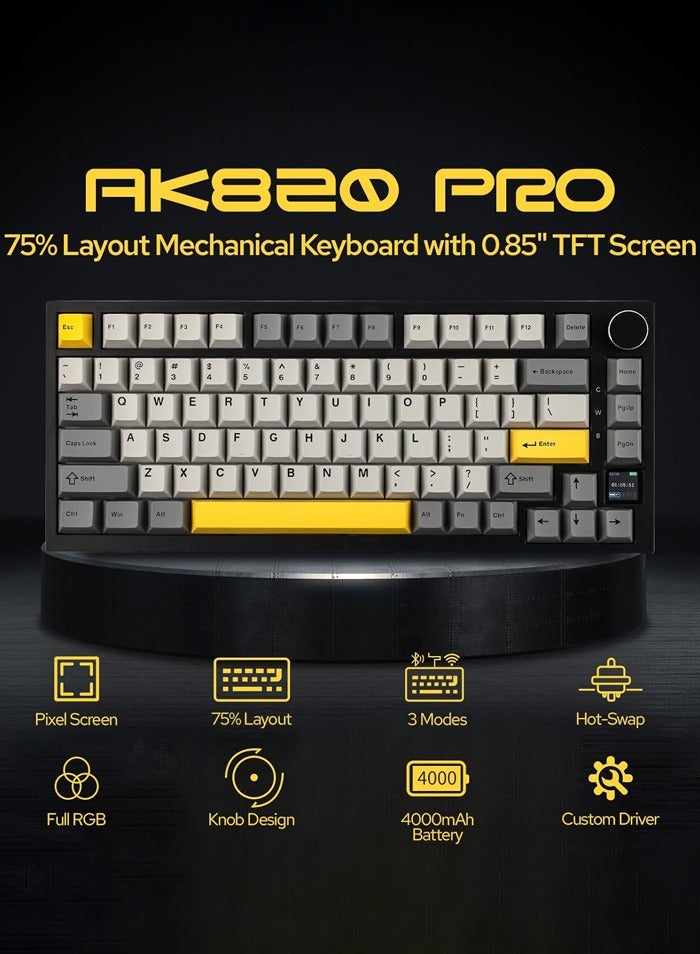 AK820 Pro Gaming Keyboard,75% Gasket-mounted Mechanical Keyboard with TFT Screen, RGB Light,3 Modes(Bluetooth 5.1/2.4G Wireless & Type-C Wired), Sound Dampening Foams (BlackGrey, flying fish switch)