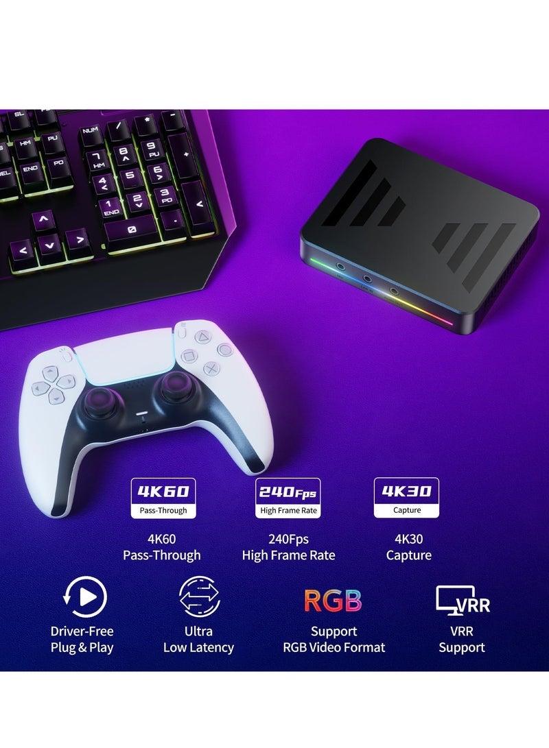 Card 4K@60Hz 1080p@240Hz 4K@30Hz 1080p@120Hz Pass Through Capture Card for Streaming and Gaming USB3.0 Video Capture Card for Xbox x s One, PS5 4 Switch Windows Mac HDR 10 and VRR Support