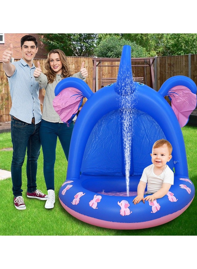 Inflatable Elephant Canopy Baby Swimming Pool Elephant Padded Bottom Spray Pool with Shade Toddlers Kids Inflatable Pool with Water Sprinkler for Summer Outdoor Indoor Game Play Center