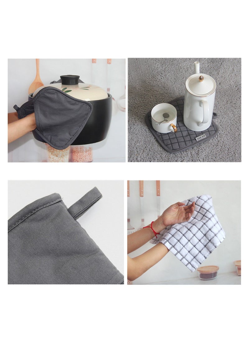 Oven Mitts and Pot Holders Sets, 550°F High Heat Resistant Oven Mitts with Kitchen Towels Thick Cotton Oven Gloves with Non-Slip Silicone for Cooking and Baking (6Pcs, Dark Gray Small Grid)