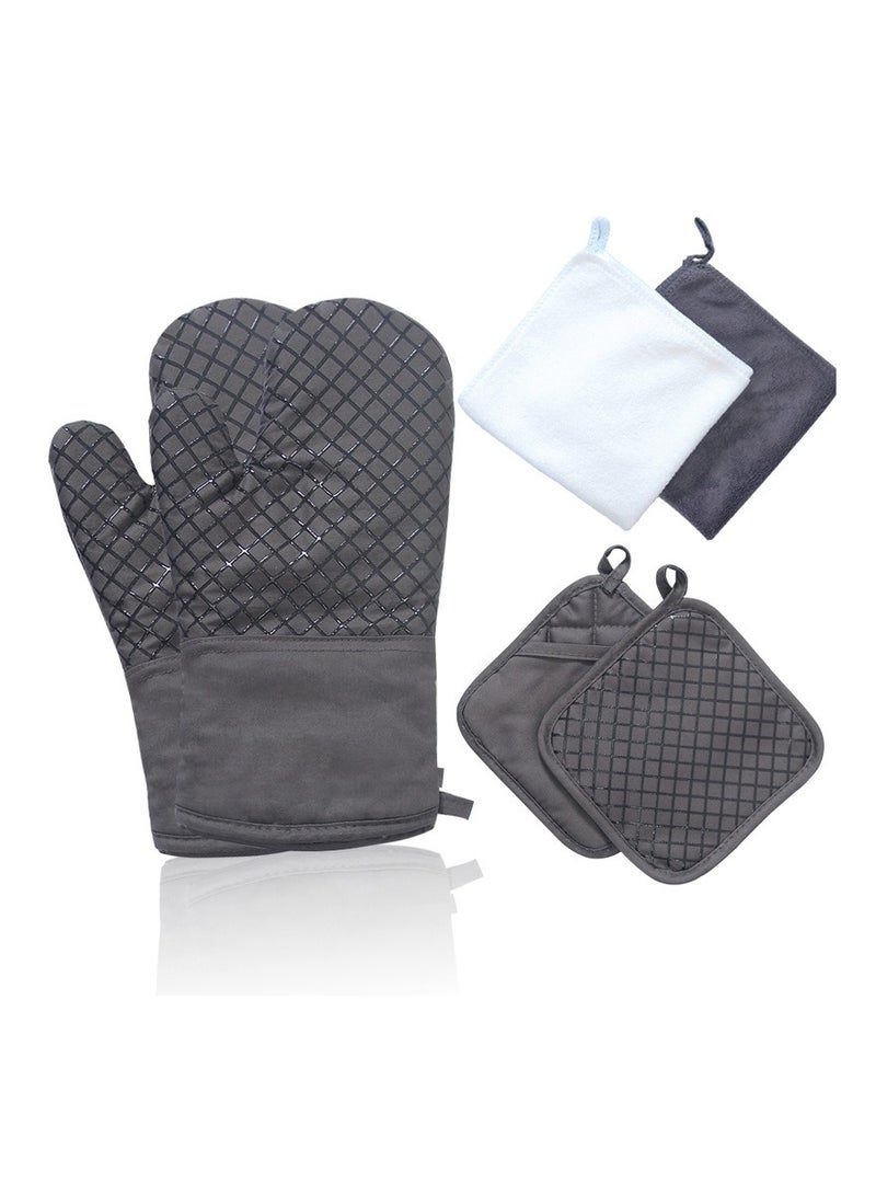 Oven Mitts and Pot Holders Sets, 550°F High Heat Resistant Oven Mitts with Kitchen Towels Thick Cotton Oven Gloves with Non-Slip Silicone for Cooking and Baking (6Pcs, Dark Gray Small Grid)