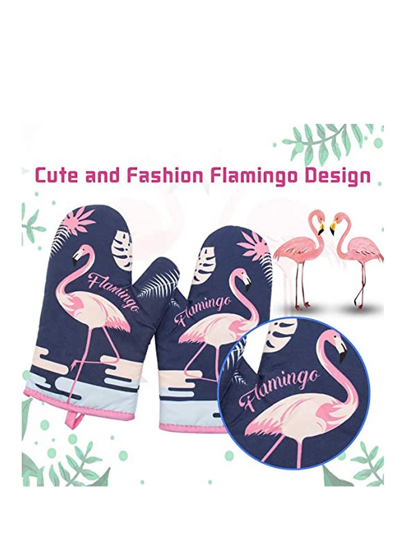 Oven Mitts Heat Resistant 500 Degrees Oven Gloves Cute Flamingo Design with Quilted Lining Hanging Loop for Cooking BBQ Baking 1 Pair