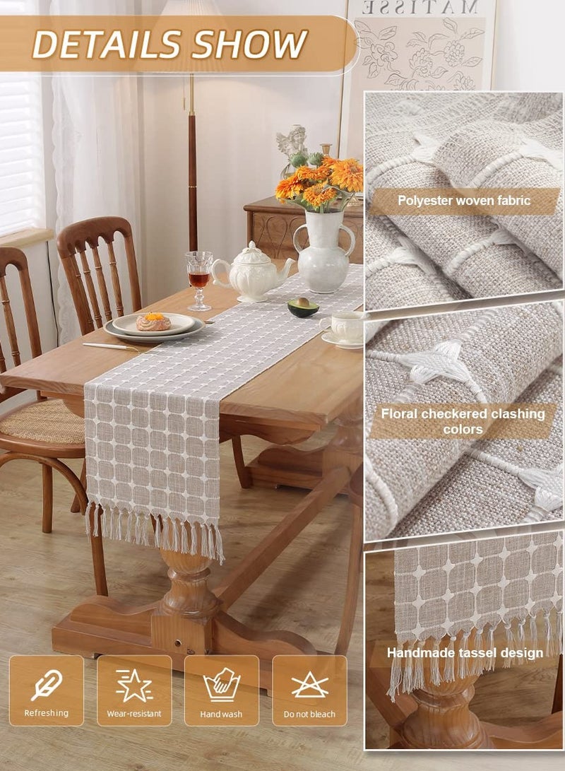 Table Runner Boho Style, Burlap Linen Handmade Rustic Table Runner, 72 Inches Long Coffee Table Runner for Dining Party Holiday, Decorative for Home Dining Tea Kitchen (Khaki Check, 13*72 Inch)