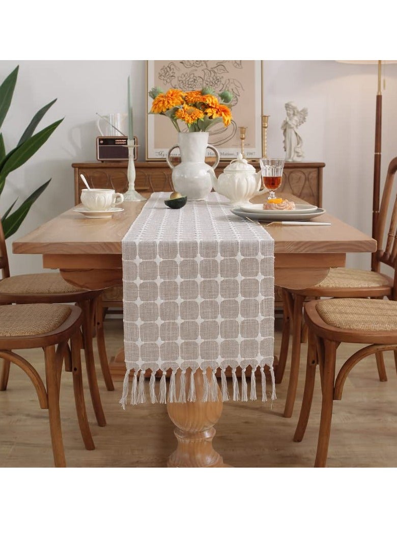 Table Runner Boho Style, Burlap Linen Handmade Rustic Table Runner, 72 Inches Long Coffee Table Runner for Dining Party Holiday, Decorative for Home Dining Tea Kitchen (Khaki Check, 13*72 Inch)