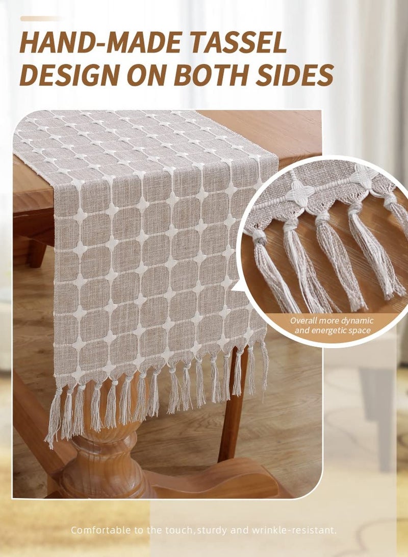 Table Runner Boho Style, Burlap Linen Handmade Rustic Table Runner, 72 Inches Long Coffee Table Runner for Dining Party Holiday, Decorative for Home Dining Tea Kitchen (Khaki Check, 13*72 Inch)