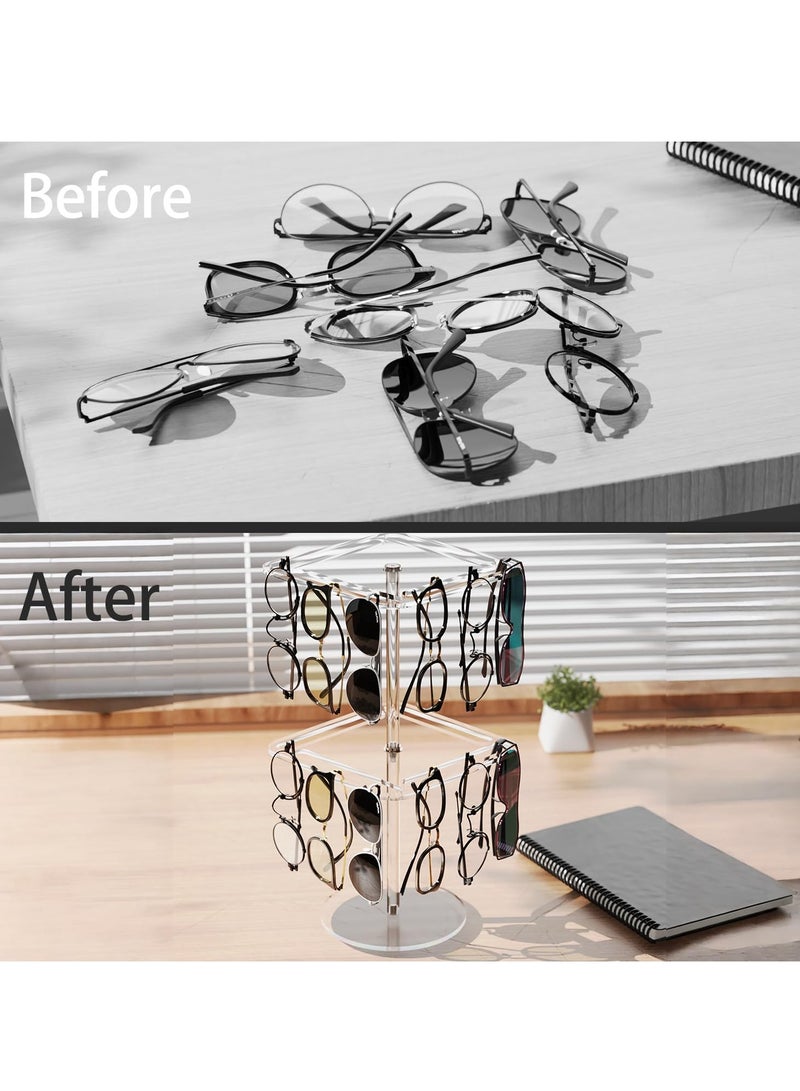 360° Rotating Acrylic Sunglasses & Eyeglasses Display Rack, Sunglasses Organizer, Double-Tier Clear Tabletop Organizer for Eyewear, for Multiple Glasses for Office & Home Decor, Unique Gifts