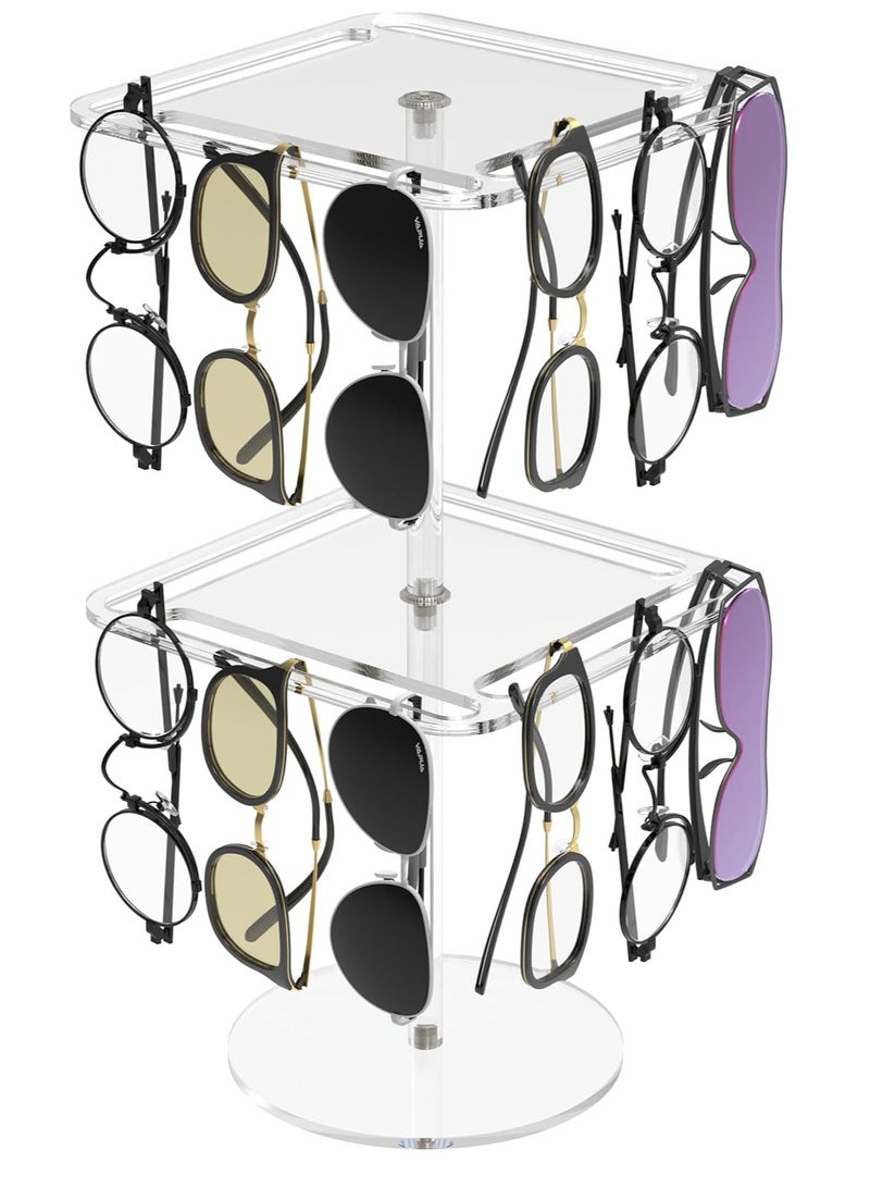 360° Rotating Acrylic Sunglasses & Eyeglasses Display Rack, Sunglasses Organizer, Double-Tier Clear Tabletop Organizer for Eyewear, for Multiple Glasses for Office & Home Decor, Unique Gifts