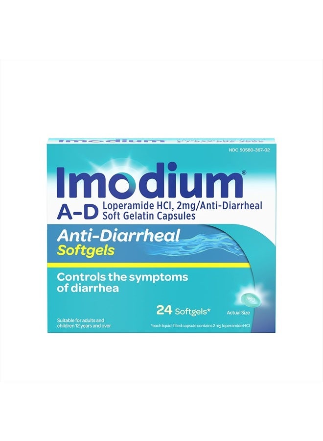 A-D Anti-Diarrheal Medicine Softgels with 2 mg Loperamide Hydrochloride per Capsule, Diarrhea Relief to Help Control Symptoms Due to Acute - 24 ct