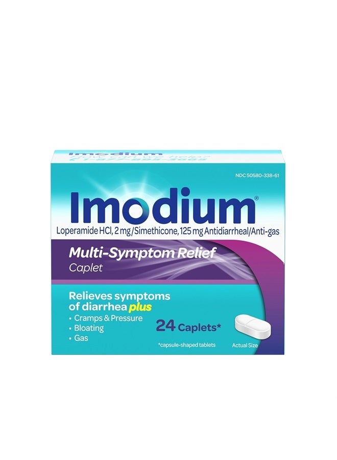 Multi-Symptom Relief Caplets with Loperamide Hydrochloride and Simethicone, Anti-Diarrheal Medicine for Treatment of Diarrhea, Gas, Bloating, Cramps And Pressure, 24 ct