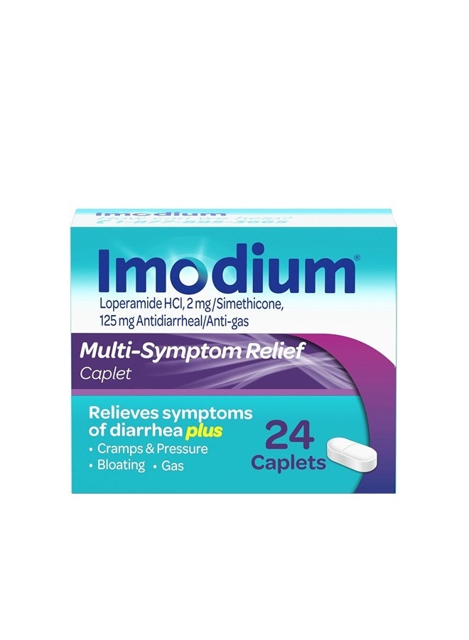 Multi-Symptom Relief Caplets with Loperamide Hydrochloride and Simethicone, Anti-Diarrheal Medicine for Treatment of Diarrhea, Gas, Bloating, Cramps And Pressure, 24 ct