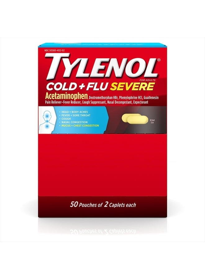 Cold + Flu Severe Medicine Caplets for Cold, Flu, Fever & Cough Relief, 50 Pouches of 2 ct.