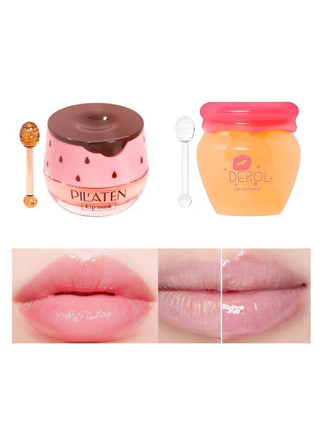 Lip Plumper Lip Mask Set Lip Plumper Gloss Lip Injection Strawberry Propolis Moisturizing Lip Sleeping Mask Hydrating & Prevention Dry And Ed Lip Scrubs Exfoliator (Ginger And Strawberry)