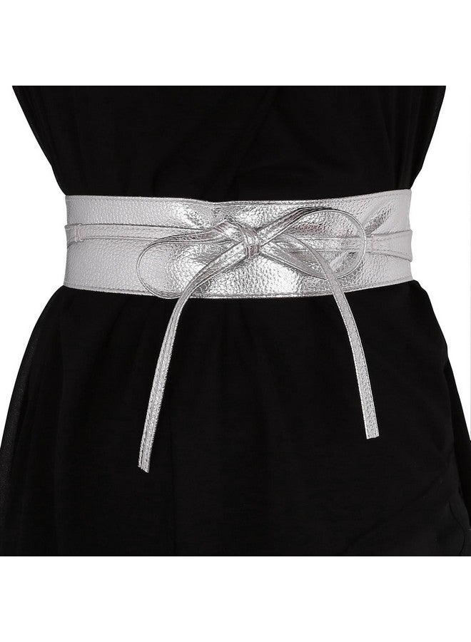 Women Soft Leather Obi Belt Self Tie Wrap Cinch Beltsilver