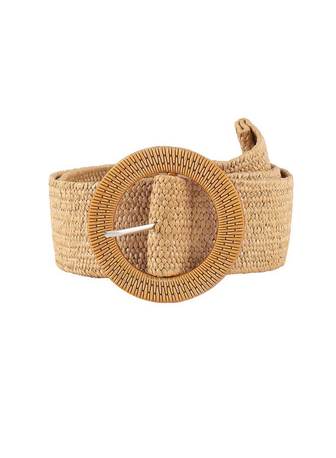 Women'S Round Buckle Elastic Straw Belts Boho Waist Belt Camel 80