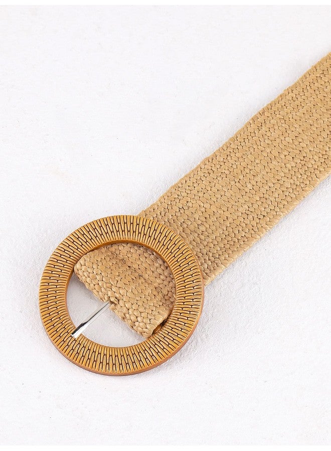 Women'S Round Buckle Elastic Straw Belts Boho Waist Belt Camel 80