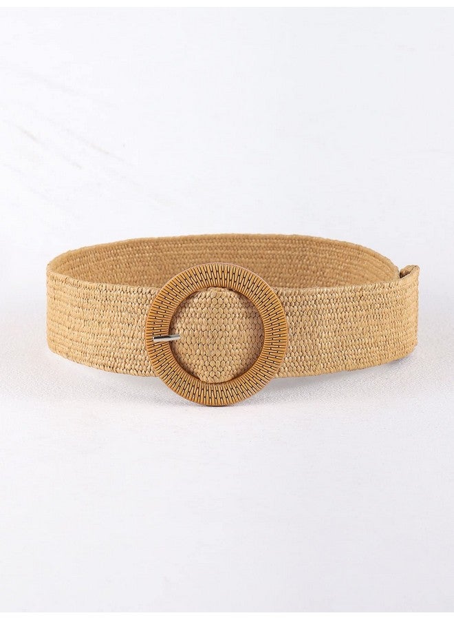Women'S Round Buckle Elastic Straw Belts Boho Waist Belt Camel 80