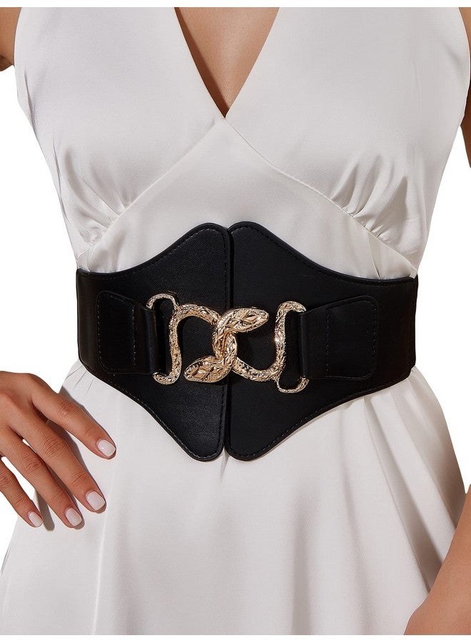 Women'S Snake Buckle Faux Leather Elastic Wide Belt Corset Black 80